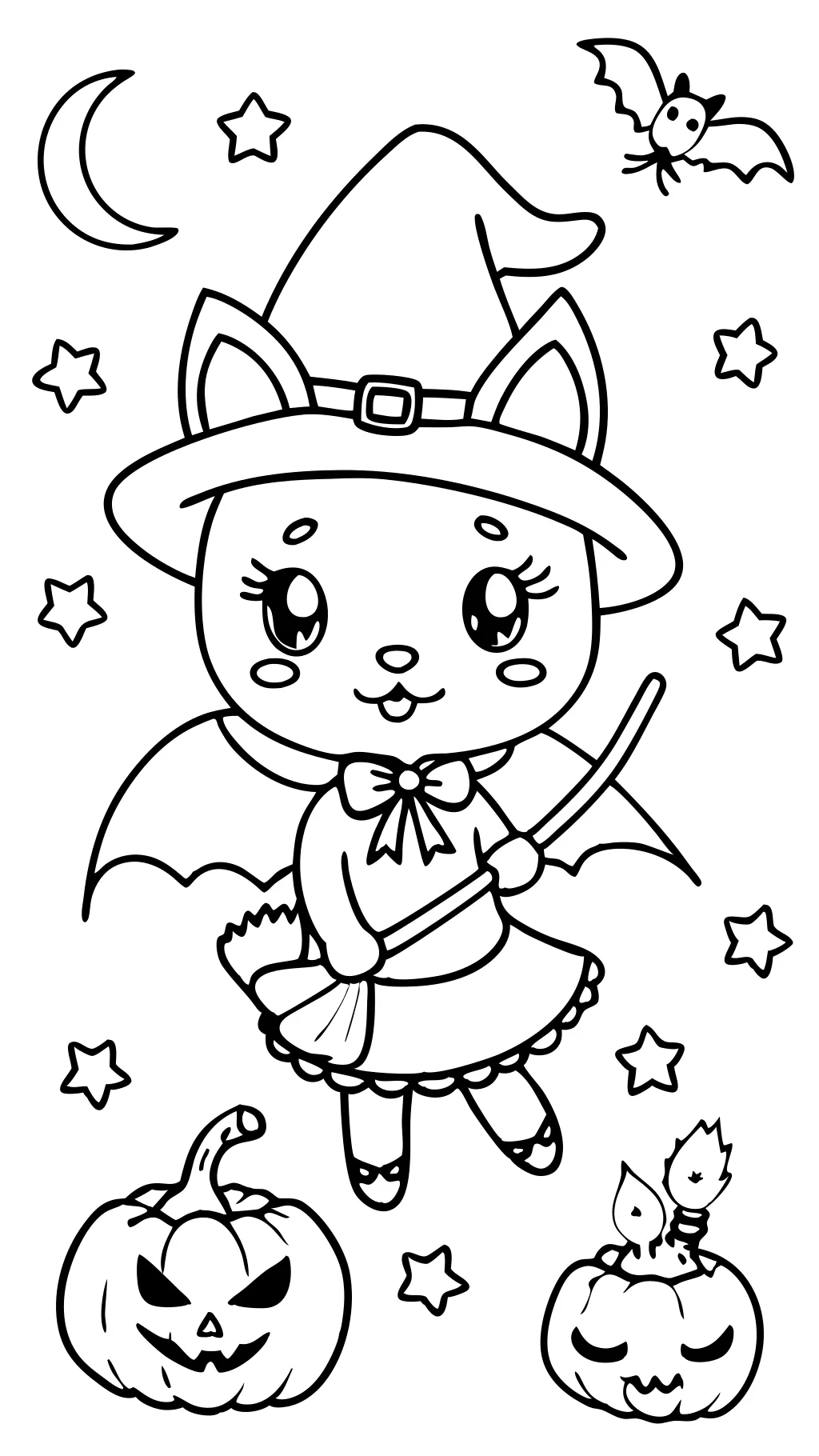 hello kitty riding broom stick halloween coloring page